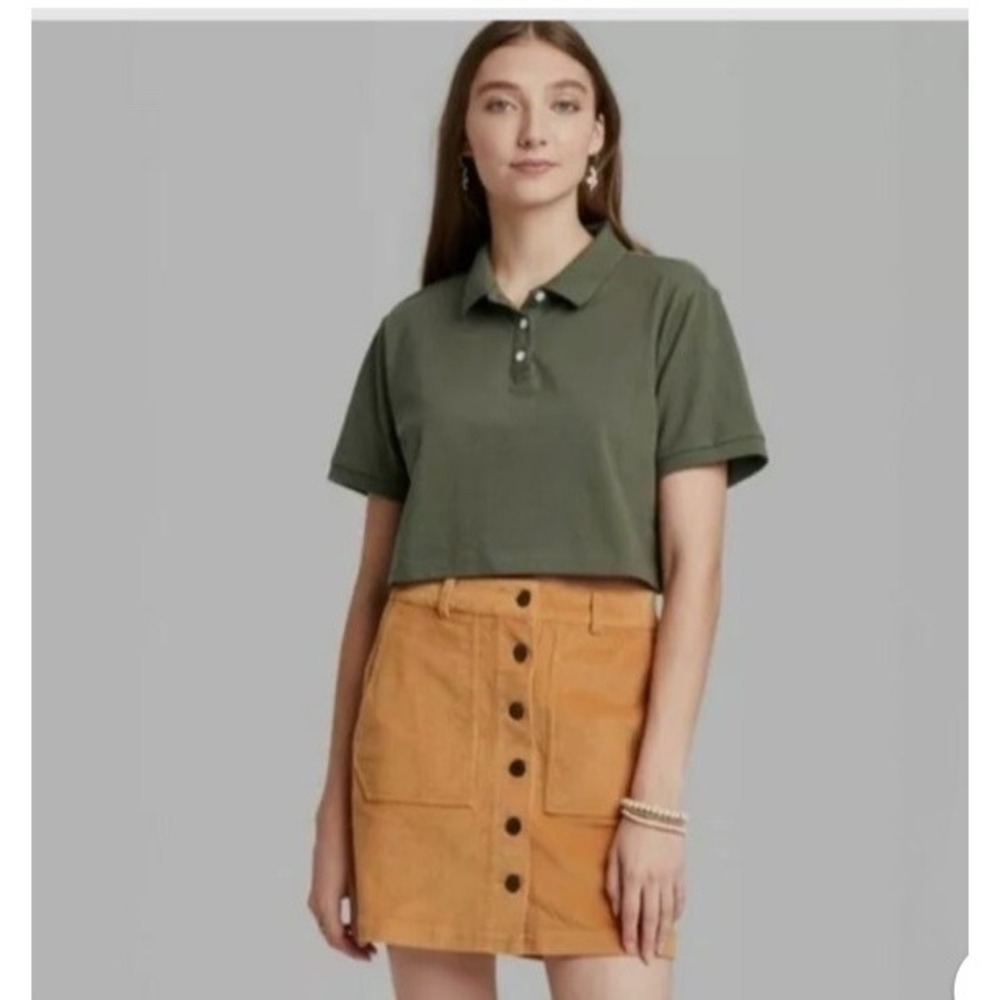 Wild Fable Women's Short Sleeve Boxy Cropped Polo Olive Green Small MSRP: $15